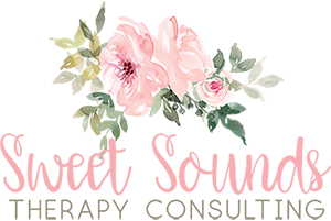 Sweet Sounds Therapy Consulting logo, which features watercolor flowers and greenery in pink and green. The words Sweet Sounds is in script and is colored in pink. The words Therapy Consulting is in capitalized letters and in the color green.