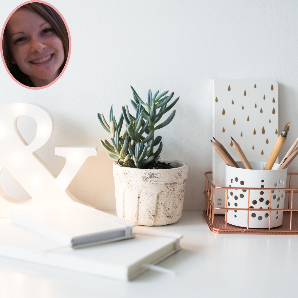 Various office items, including pencils, notebooks, a succulent, and tray. A photo of Katie Myers, owner of Sweet Sounds Therapy Consulting.